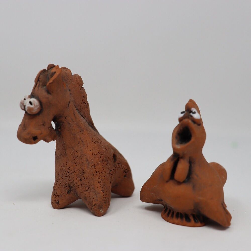 2 Primitive Terra Cotta Redware Pottery Bird Horse Ocarina Flute Whistle Romania